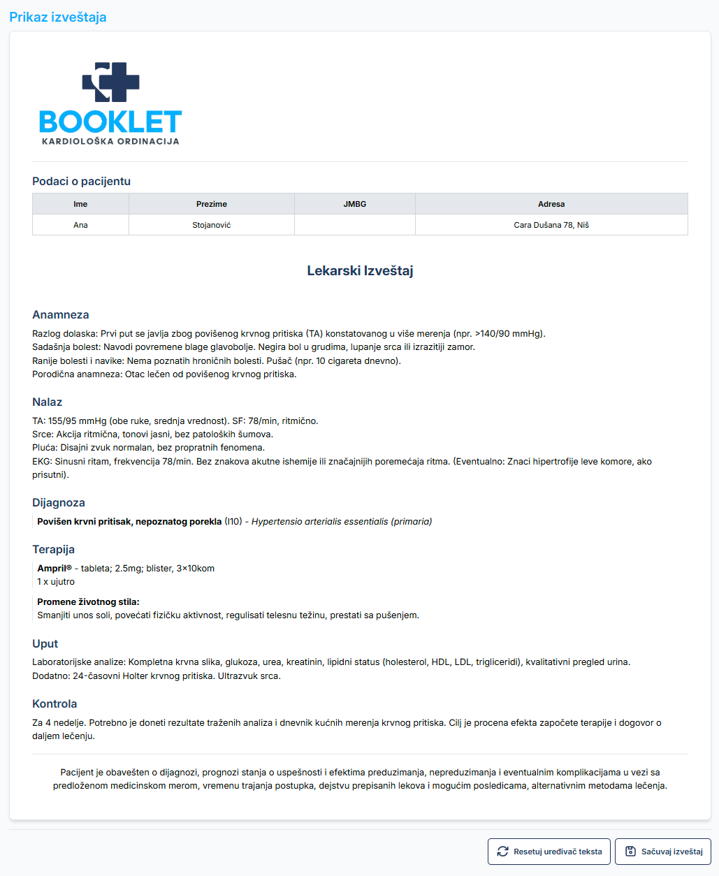 Elektronski medicinski izvestaj u Booklet softveru
